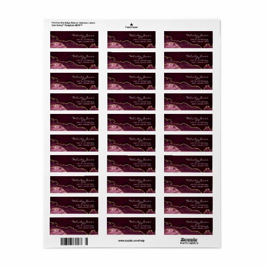 Burgundy and Gold Geode Agate Stone Etiket (Full Sheet)