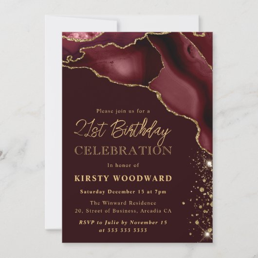 Burgundy and Gold Glitter Agate 21st Birthday Kaart (Voorkant)