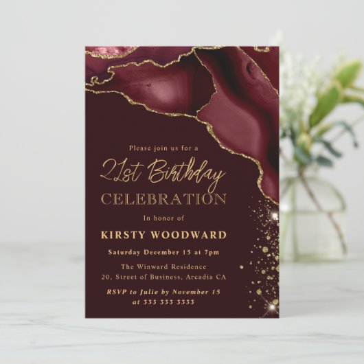 Burgundy and Gold Glitter Agate 21st Birthday Kaart (Staand voorkant)