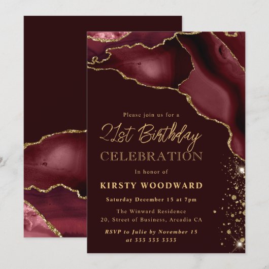 Burgundy and Gold Glitter Agate 21st Birthday Kaart (Voorkant / Achterkant)