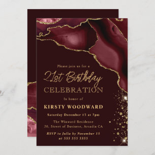 Burgundy and Gold Glitter Agate 21st Birthday Kaart