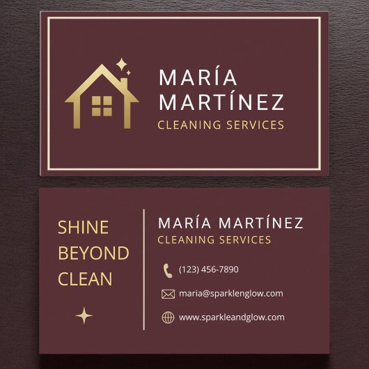 Burgundy and Gold House Cleaning Services Visitekaartje