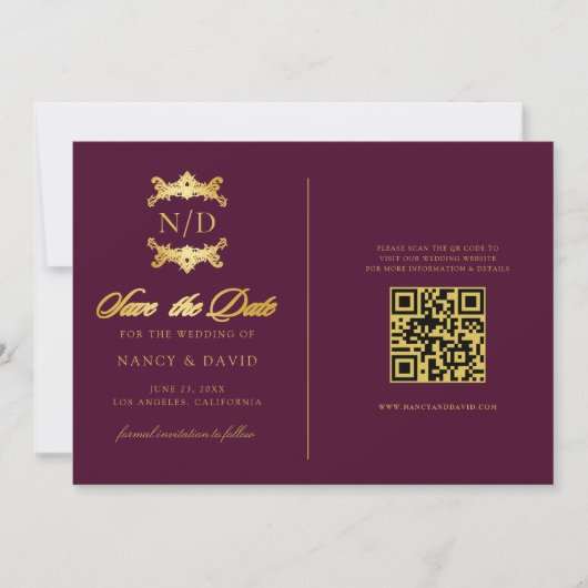 Burgundy And Gold Monogram Qr Code Wedding Save The Date (Voorkant)