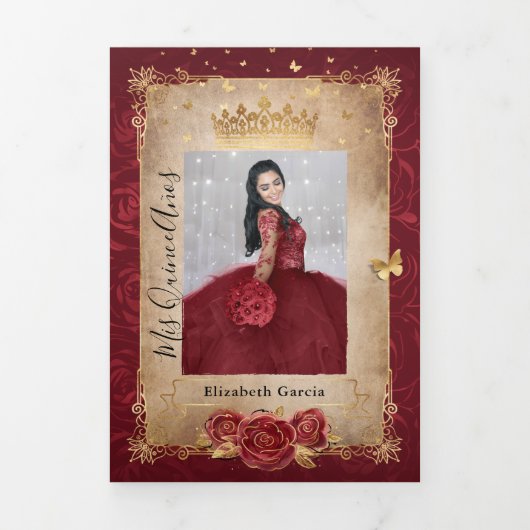 Burgundy and Gold Roos Elegant Photo Quinceanera Drieluik Uitnodiging (Cover)