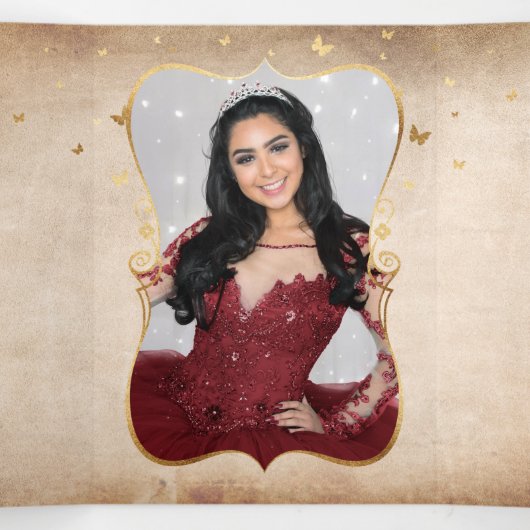 Burgundy and Gold Roos Elegant Photo Quinceanera Drieluik Uitnodiging (Binnenkant midden)