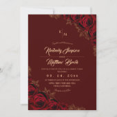 Burgundy and Gold Rose Floral Boho Wedding Invitat Kaart (Voorkant)
