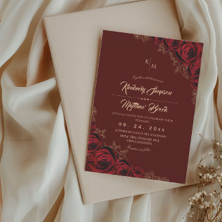 Burgundy and Gold Rose Floral Boho Wedding Invitat Kaart