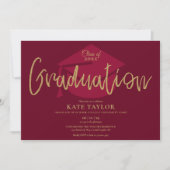 Burgundy and Gold Script Graduparty Kaart (Voorkant)