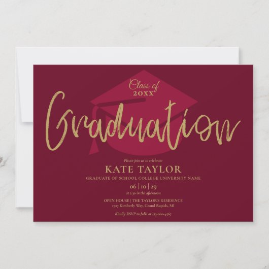 Burgundy and Gold Script Graduparty Kaart (Voorkant)