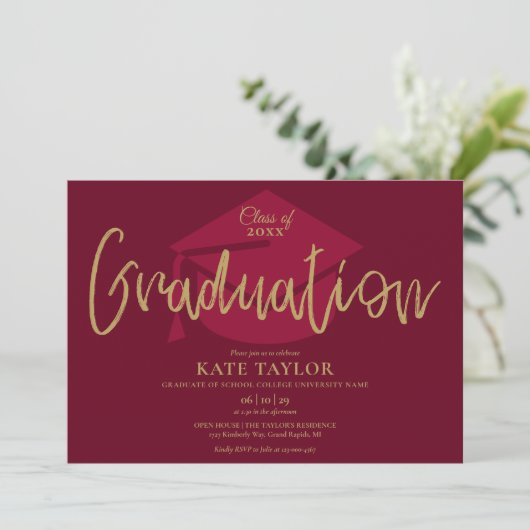 Burgundy and Gold Script Graduparty Kaart (Staand voorkant)