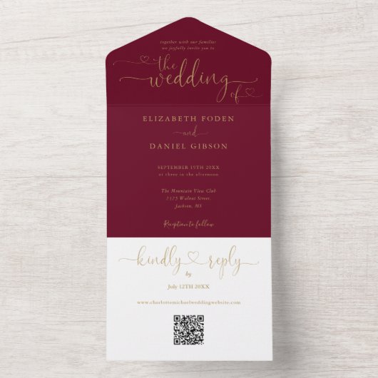 Burgundy And Gold Script Hearts QR Code Wedding All In One Uitnodiging (Binnen)