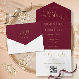 Burgundy And Gold Script Hearts QR Code Wedding All In One Uitnodiging