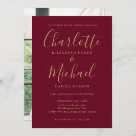 Burgundy and Gold Script Wedding Modern Foto Kaart