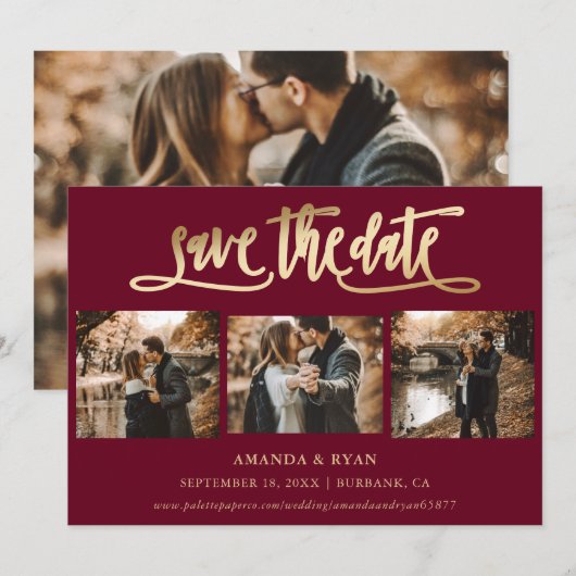 Burgundy and Gold Wedding 4 Foto Save the Date (Voorkant / Achterkant)