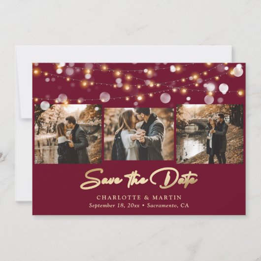 Burgundy and Gold Wedding 4 Foto Save the Date (Voorkant)
