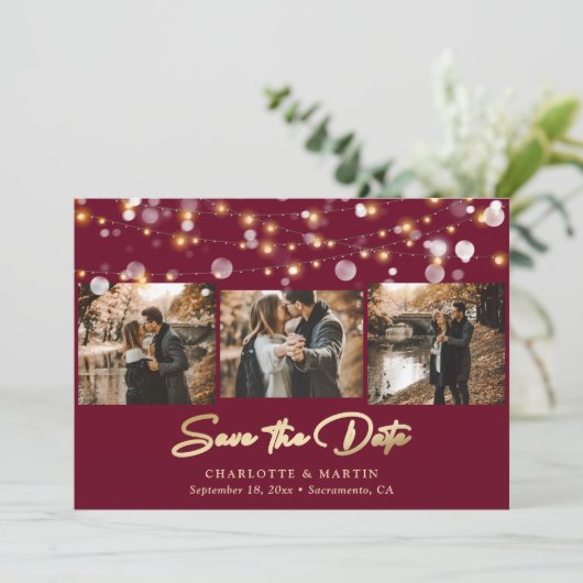 Burgundy and Gold Wedding 4 Foto Save the Date (Staand voorkant)