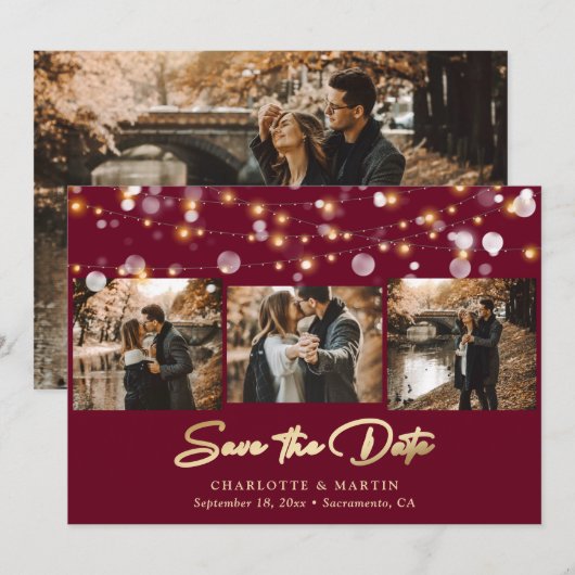 Burgundy and Gold Wedding 4 Foto Save the Date (Voorkant / Achterkant)