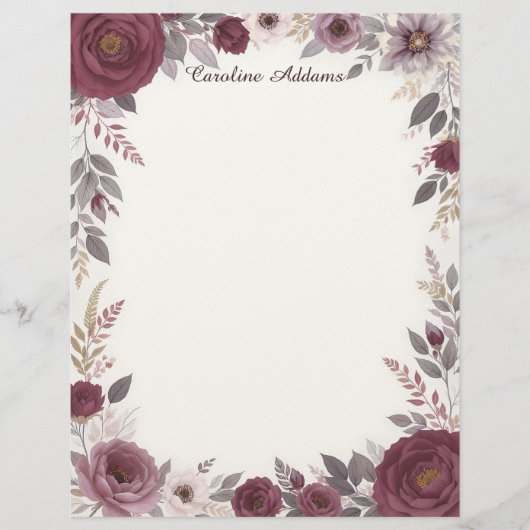 Burgundy and Gray Floral Stationery Paper Briefhoofd (Voorkant)