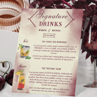 Burgundy and Ivory Retro Wedding Signature Drinks Reclamebord Met Voetstuk