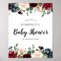 Burgundy and navy floral baby shower welkomstteken