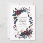 Burgundy and Navy Floral Wedding QR Code Uitnodigi Kaart (Voorkant)