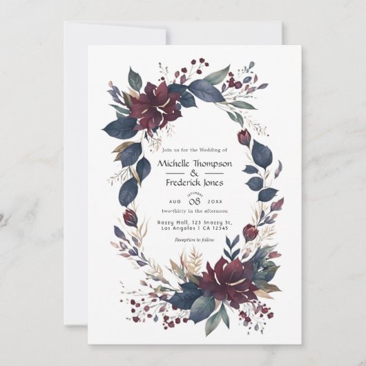 Burgundy and Navy Floral Wedding QR Code Uitnodigi Kaart (Voorkant)