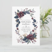Burgundy and Navy Floral Wedding QR Code Uitnodigi Kaart (Staand voorkant)