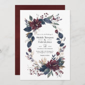 Burgundy and Navy Floral Wedding QR Code Uitnodigi Kaart (Voorkant / Achterkant)