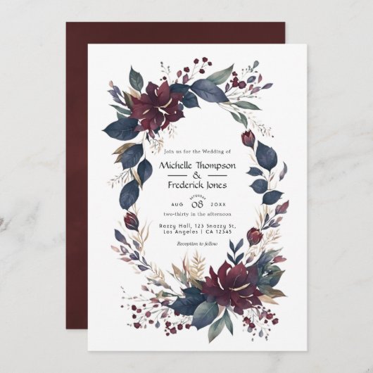 Burgundy and Navy Floral Wedding QR Code Uitnodigi Kaart (Voorkant / Achterkant)