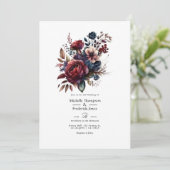 Burgundy and Navy Floral Wedding QR Code Uitnodigi Kaart (Staand voorkant)