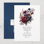 Burgundy and Navy Floral Wedding QR Code Uitnodigi Kaart (Voorkant / Achterkant)