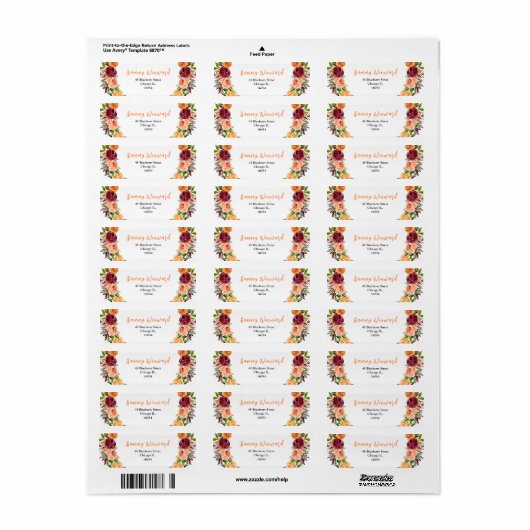 Burgundy and Orange and Foliage Bridal Shower Etiket (Full Sheet)