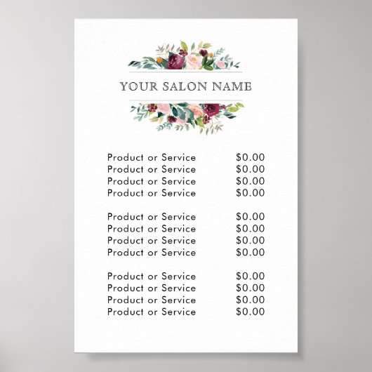 Burgundy and Pink Watercolor Floral Price List Poster (Voorkant)