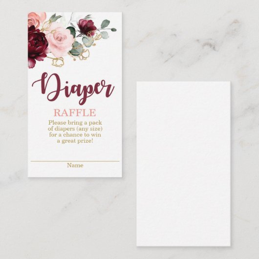 Burgundy and roze floral Diaper Raffle Informatiekaartje (Voorkant / Achterkant)