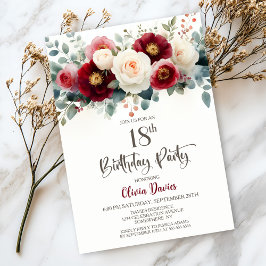 Burgundy and White Floral 18th Birthday Party Kaart