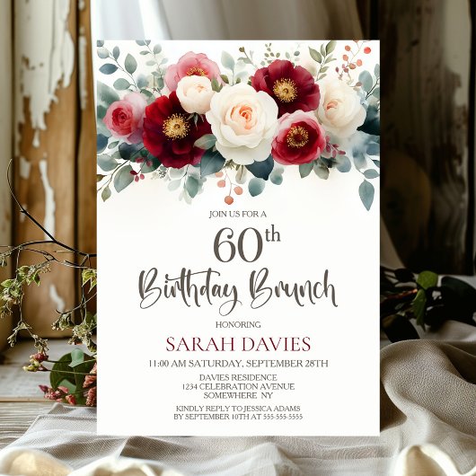 Burgundy and White Floral 60th Birthday Brunch Kaart