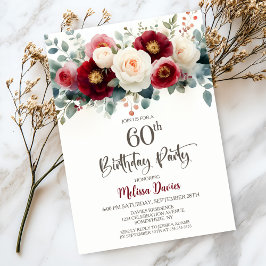 Burgundy and White Floral 60th Birthday Party Kaart