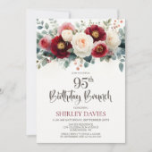 Burgundy and White Floral 95th Birthday Brunch Kaart (Voorkant)