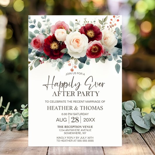 Burgundy and White Floral Wedding After Party Kaart