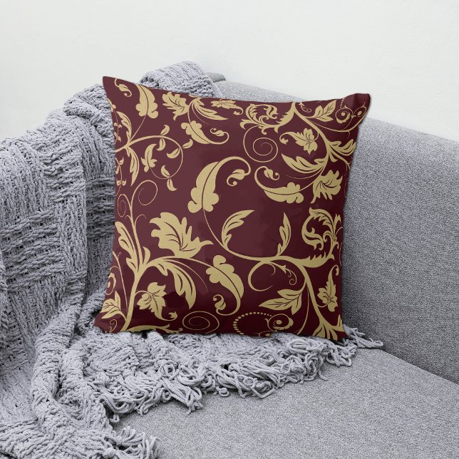 Burgundy Antiek Gold Retro Leaf Swirl Kussen (Creator heeft geüpload)