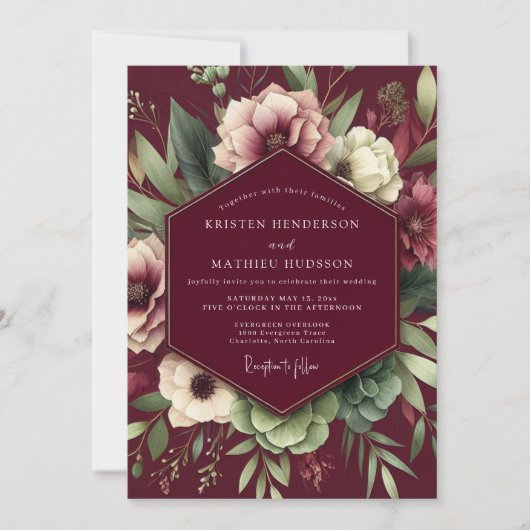 Burgundy Artistic Bloom Wedding Kaart (Voorkant)