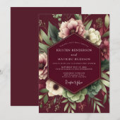 Burgundy Artistic Bloom Wedding Kaart (Voorkant / Achterkant)