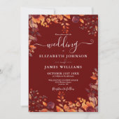 Burgundy Autumn Fall Floral Photo Wedding Kaart (Voorkant)