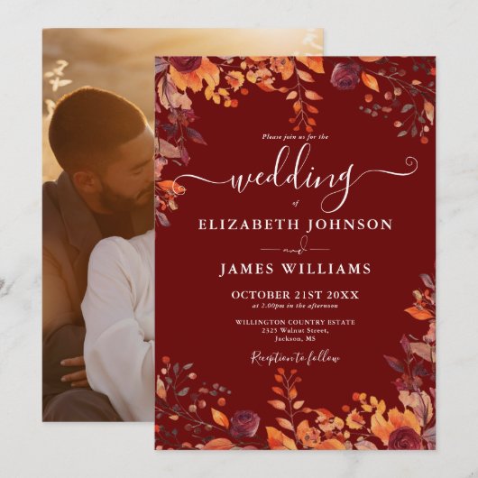 Burgundy Autumn Fall Floral Photo Wedding Kaart (Voorkant / Achterkant)