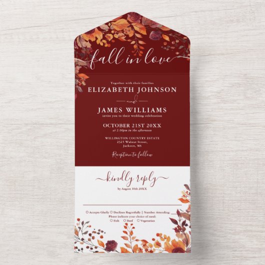 Burgundy Autumn Floral Fall In Love Wedding All In One Uitnodiging (Binnen)