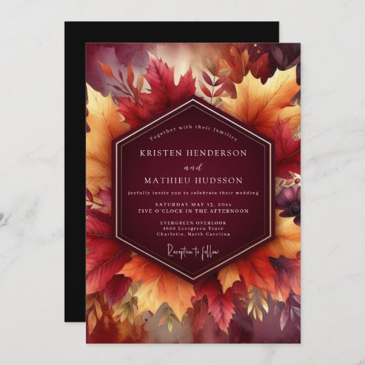 Burgundy Autumn Leaf Celebration Wedding Kaart (Voorkant / Achterkant)