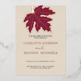 Burgundy Autumn Maple Leaf Wedding Roos Gold Folie Uitnodiging