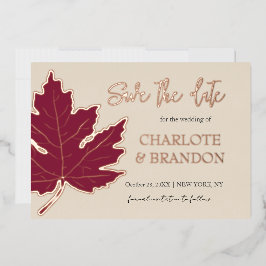Burgundy Autumn Maple Leaf Wedding Save the Date Folie Uitnodiging