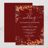 Burgundy Autumn Rustic Floral Leaves Wedding Kaart (Voorkant / Achterkant)