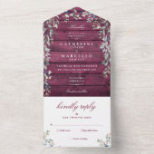 Burgundy Barn Wood Floral Greenery Cascade Wedding All In One Uitnodiging (Binnen)